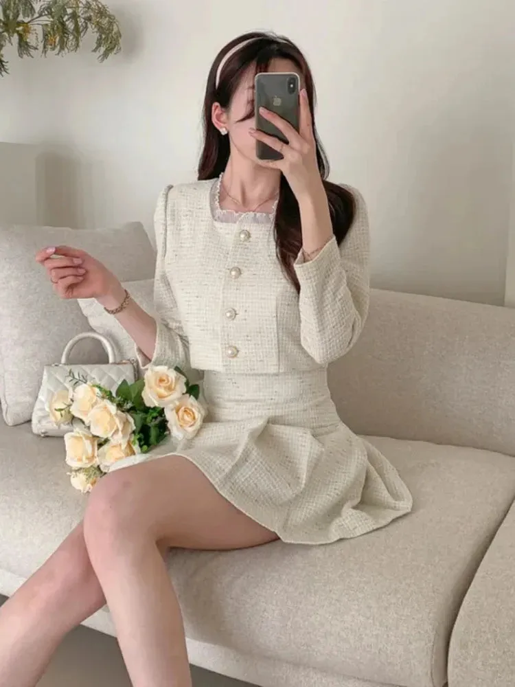 Aiertu Fashion Korea Elegant Tweed Small Fragrance Short Jacket Cropped Coats   High Waist Mini Skirts Suits Slim Women Two Piece Sets