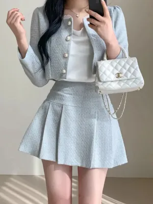 Aiertu Fashion Korea Elegant Tweed Small Fragrance Short Jacket Cropped Coats   High Waist Mini Skirts Suits Slim Women Two Piece Sets