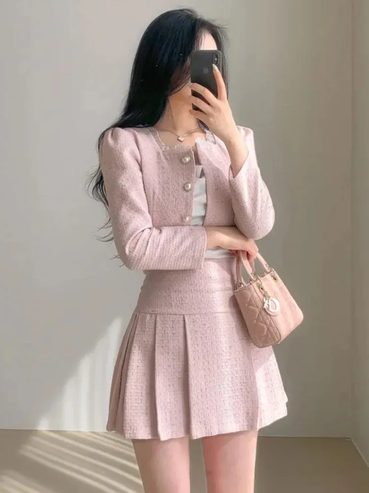 Aiertu Fashion Korea Elegant Tweed Small Fragrance Short Jacket Cropped Coats   High Waist Mini Skirts Suits Slim Women Two Piece Sets