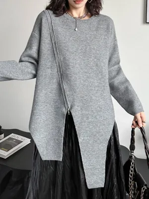 Asymmetric Solid Color Zipper High-low Long Sleeves Round-neck Sweater Tops Pullovers