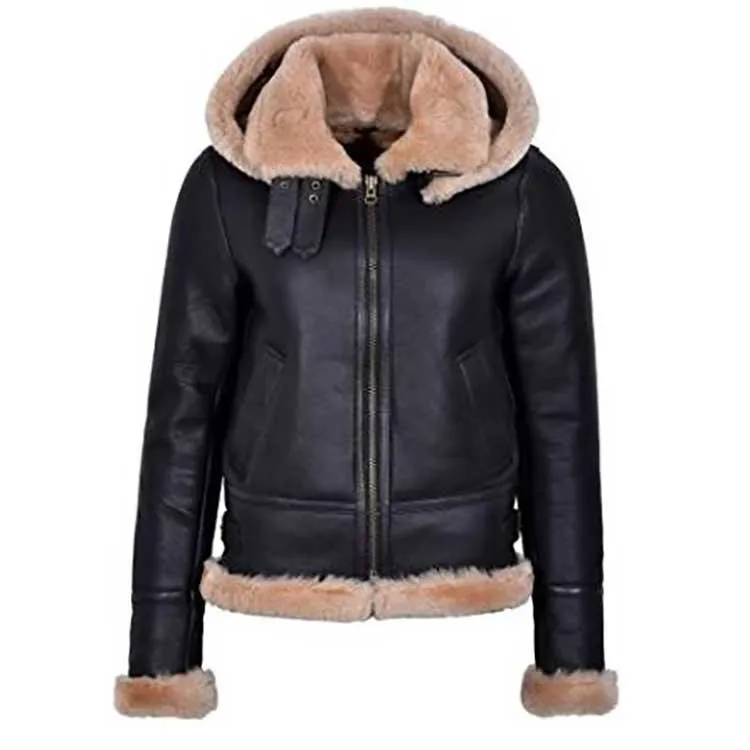 Aviator Hooded Leather Jacket for Women