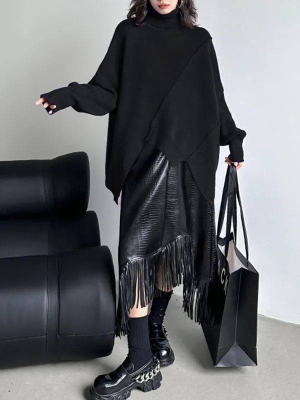 Batwing Sleeves Long Sleeves Asymmetric Solid Color High Neck Pullovers Sweater Tops