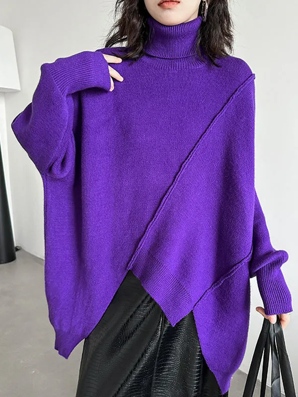 Batwing Sleeves Long Sleeves Asymmetric Solid Color High Neck Pullovers Sweater Tops