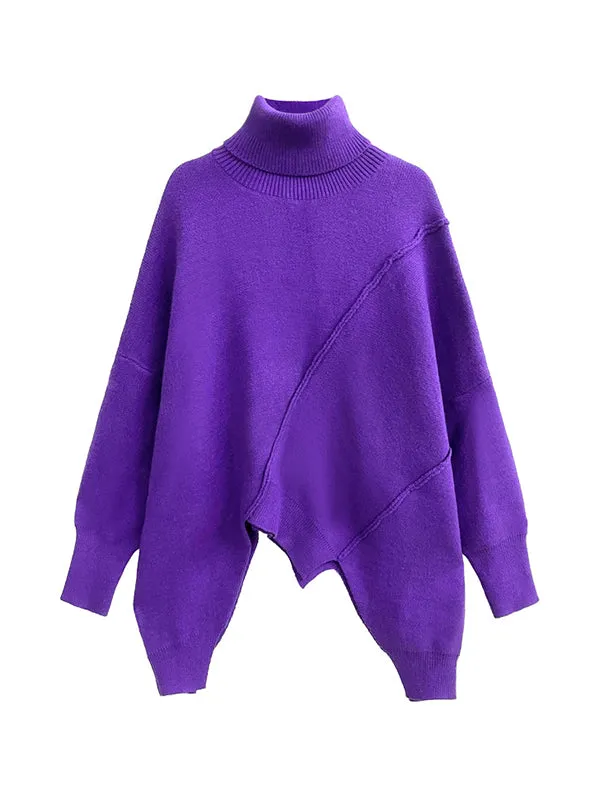 Batwing Sleeves Long Sleeves Asymmetric Solid Color High Neck Pullovers Sweater Tops