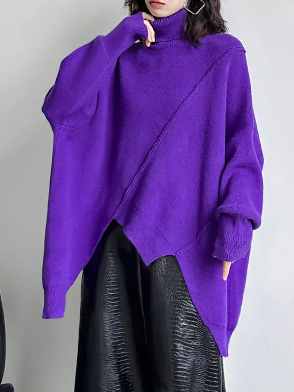 Batwing Sleeves Long Sleeves Asymmetric Solid Color High Neck Pullovers Sweater Tops