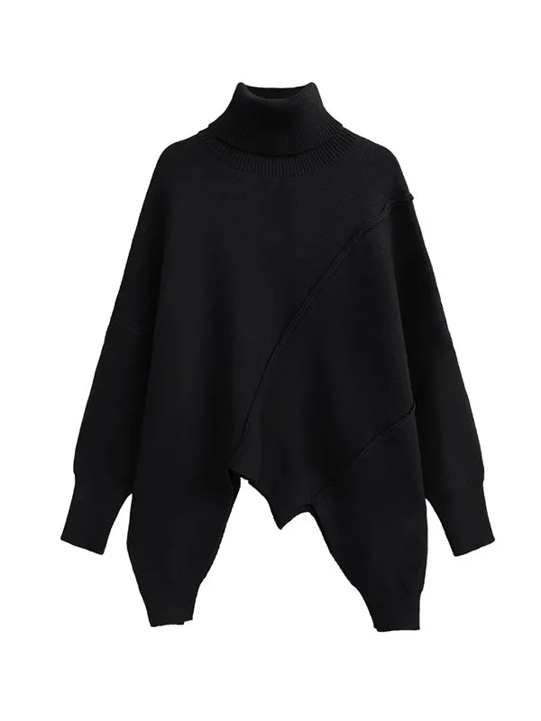 Batwing Sleeves Long Sleeves Asymmetric Solid Color High Neck Pullovers Sweater Tops