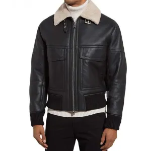 Black Bomber Leather Jacket with fur