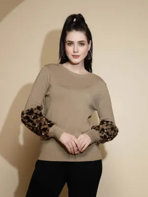 Brown Embellished Full Sleeve Round Neck Acrylic Pullover Sweater