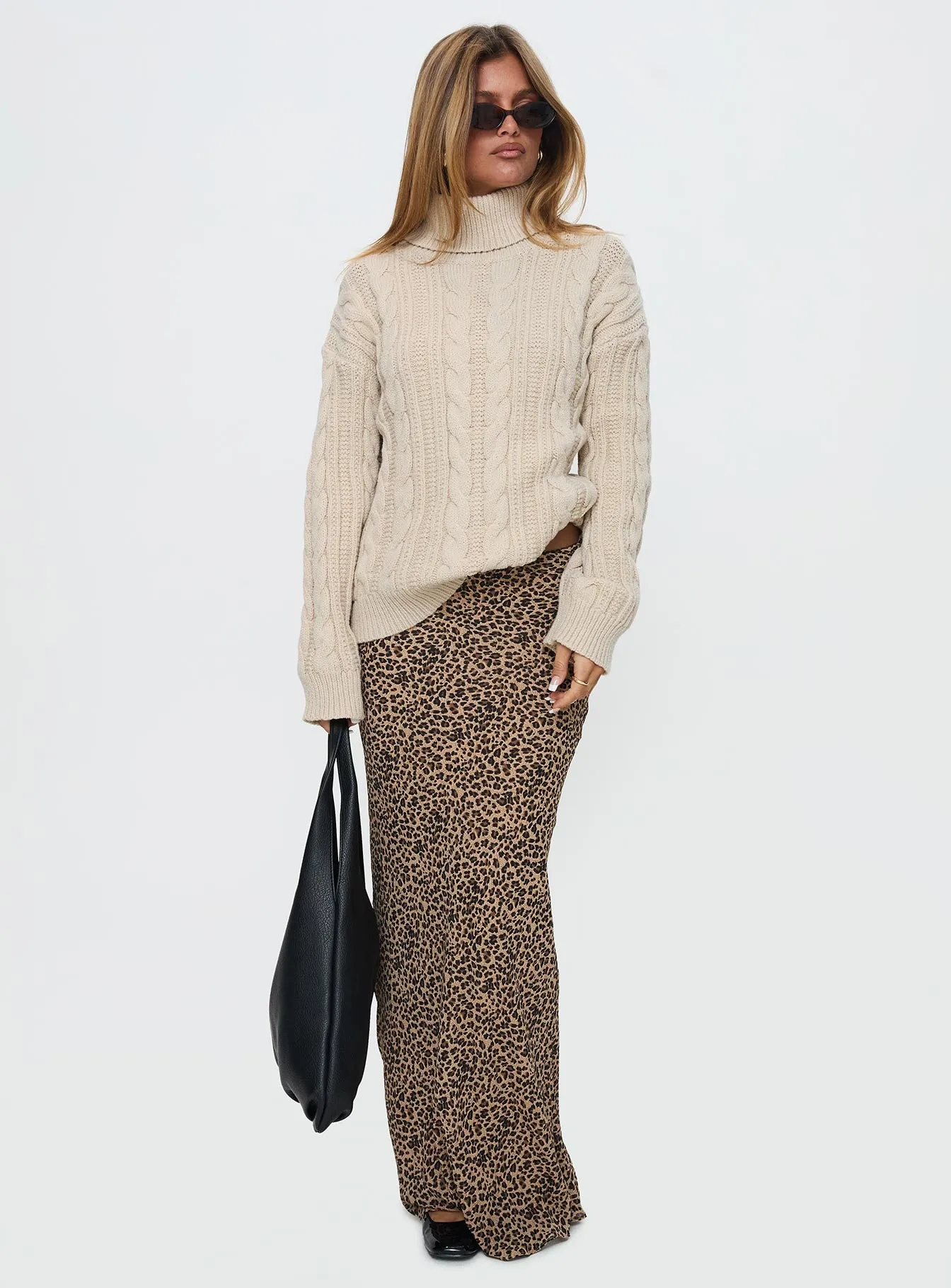 Bryden Turtleneck Cable Knit Sweater Beige