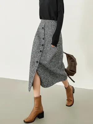 Button Down Tweed Trendy Boucle Maxi Skirt