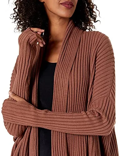 Cable Stitch Women's Long-Sleeve Rib-Knit Cardigan with Thumbhole - Open Front Oversized Loose Sweater Coat (X-Small, Caramel)