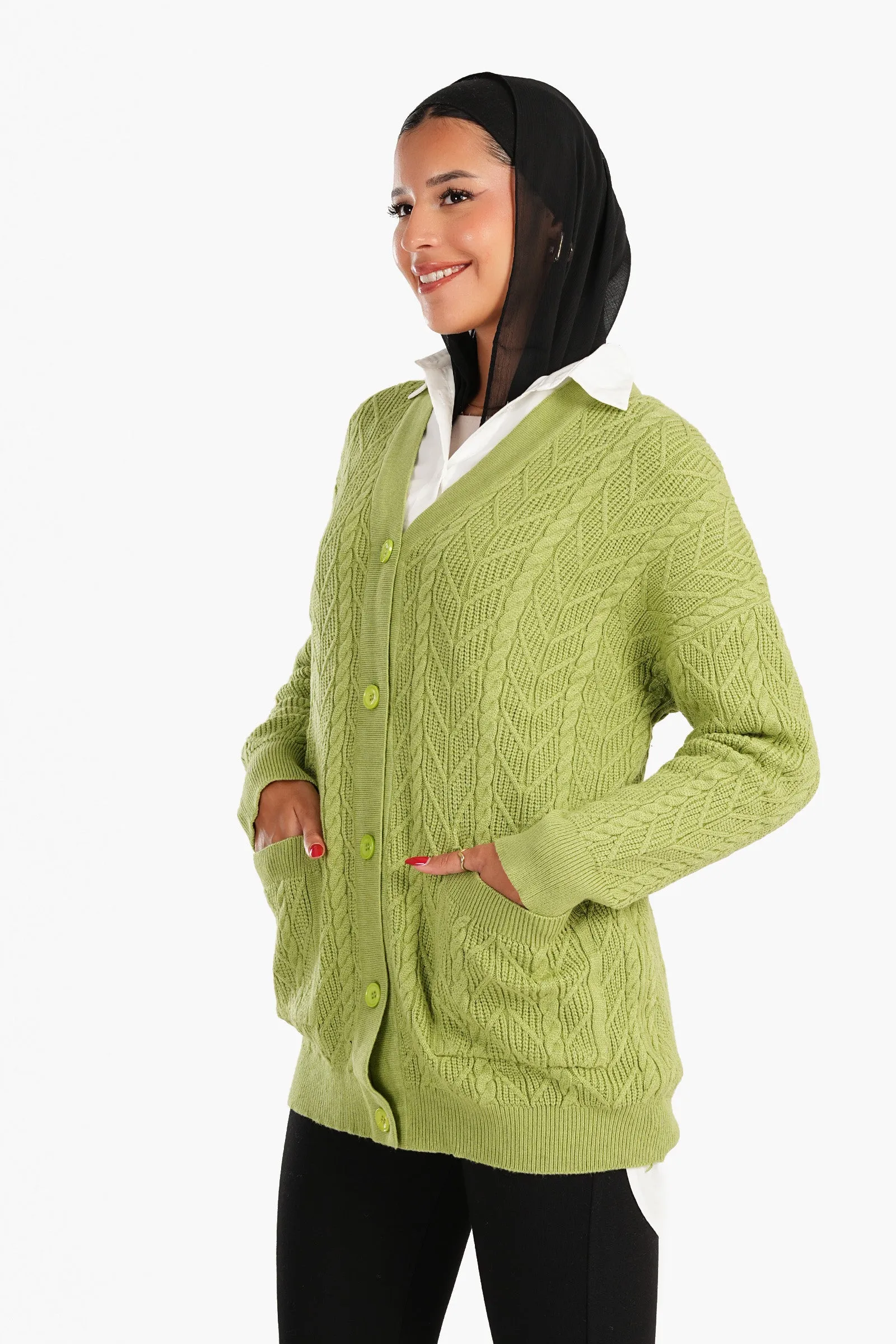 Cardigan with Ribbed Elastic Hem