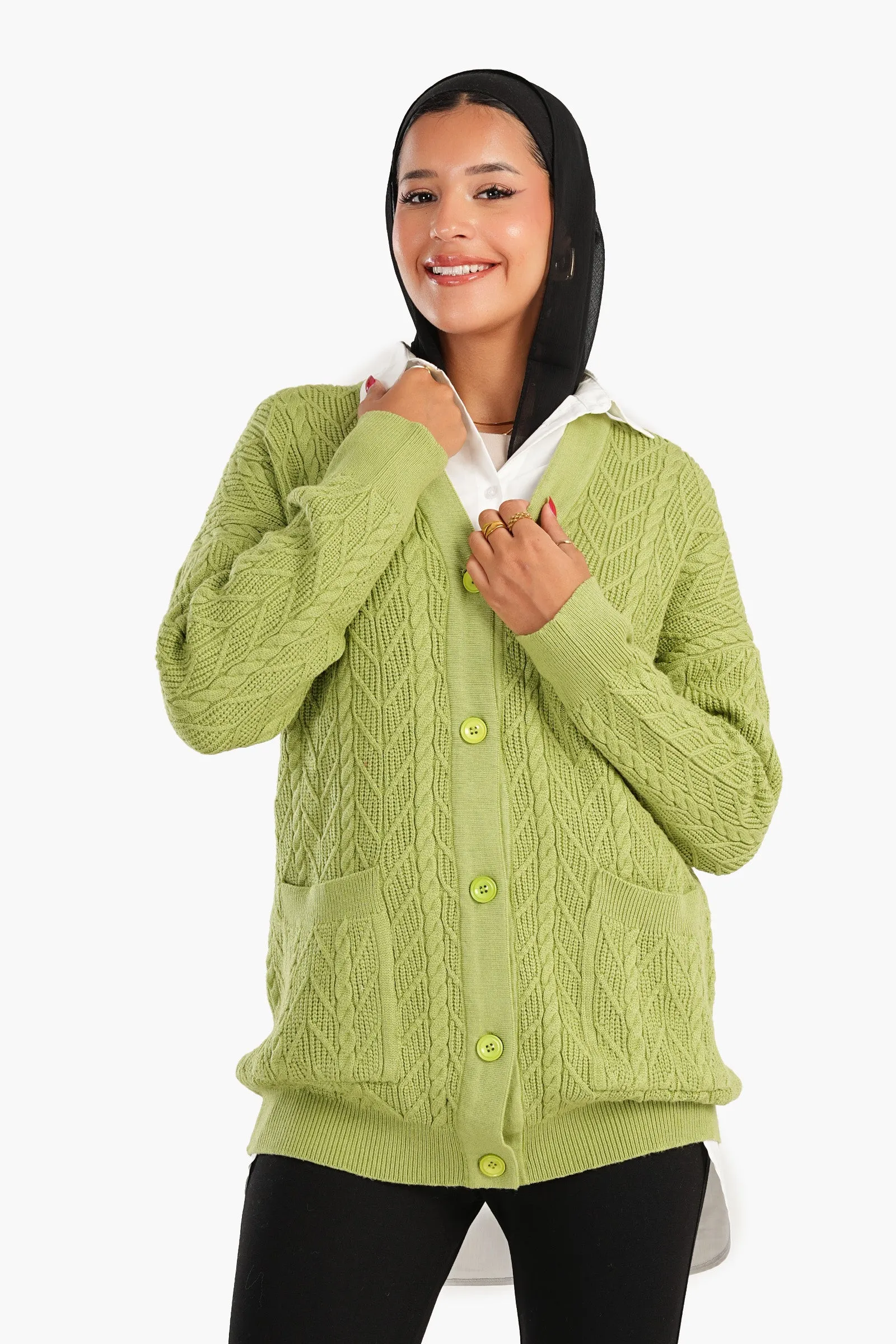 Cardigan with Ribbed Elastic Hem