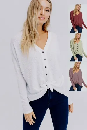 Comfy Button Waffle Blouse Crop - Four Colors