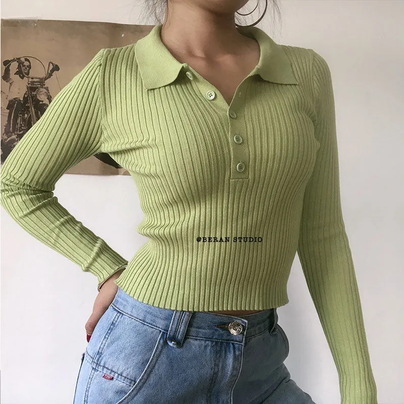 Cozy Long sleeve knitted polo shirt Tops Womens