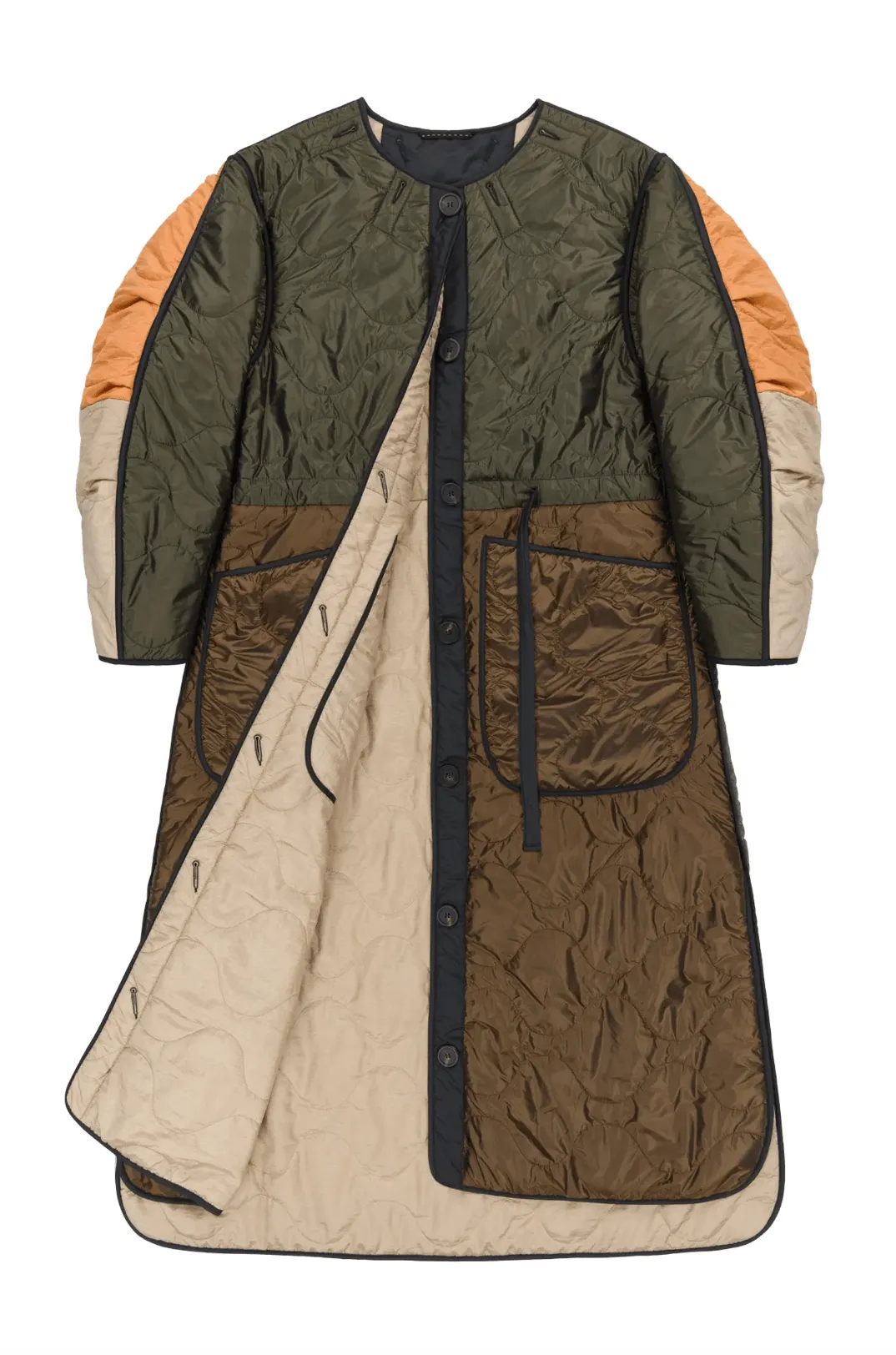 Dark Olive & Bronze Stone Reversible Long Patchwork Quilted Jacket