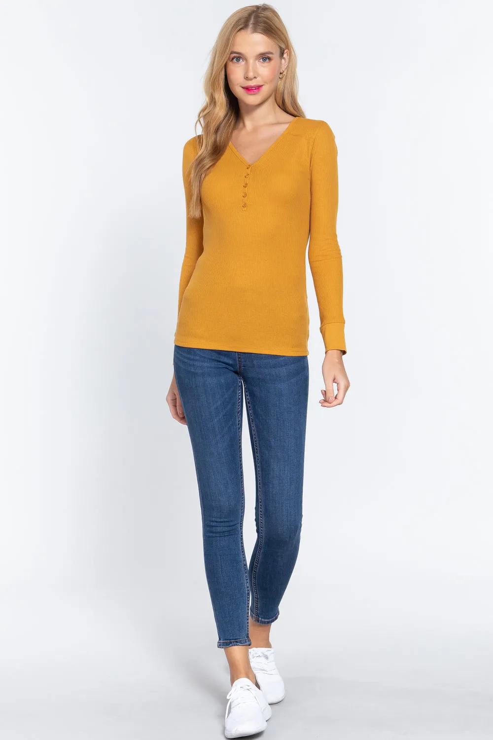 Deep Mustard Yellow Casual Long Sleeve V Neck Button Up Trendy Slim Fit Placket Thermal Top_