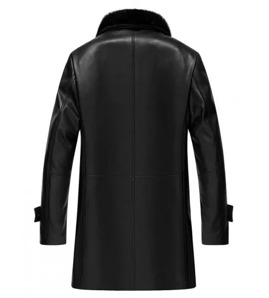 Delta Black Shearling Collar 3  4 Length Leather Coat Mens