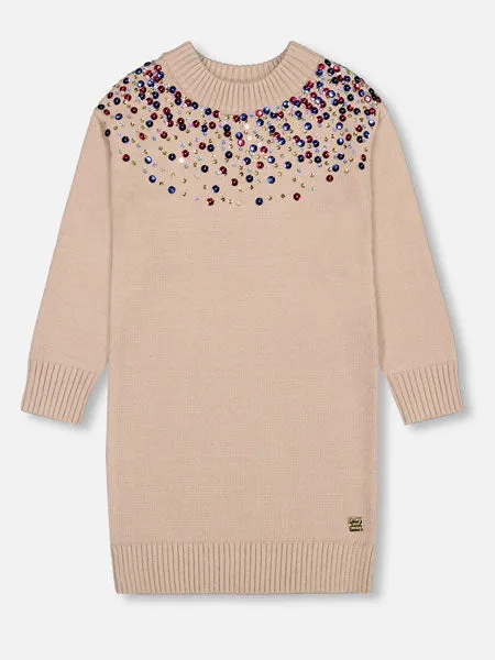 Deux Par Deux Gold Beige Knitted Dress With Sequins Girls 4-12