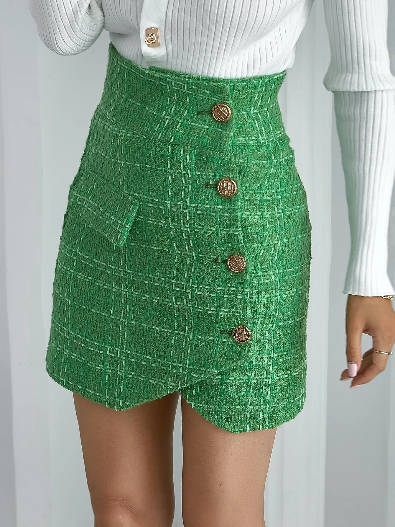 Elegant Plaid Button Front High Waist Short Women Skirts