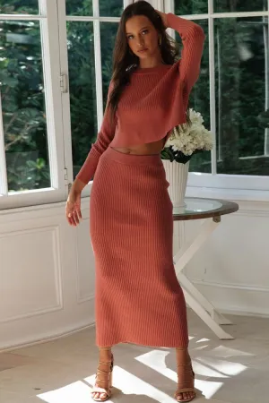 High Waist Rib Long Sleeve Winter Sweater Two Piece Dress - Orange Red