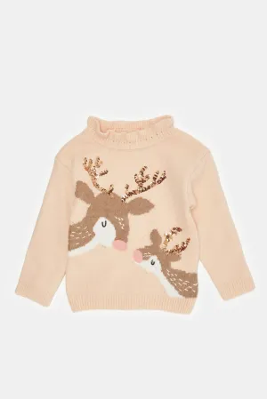 Infant Girls Apricot Deer Embellished Pullover