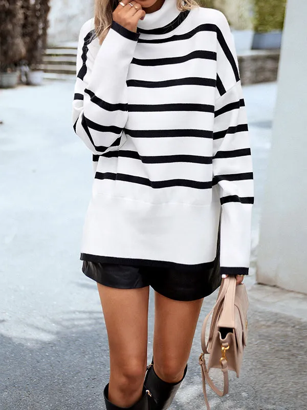 Long Sleeves Loose Contrast Color Split-Side Striped High Neck Pullovers Sweater Tops