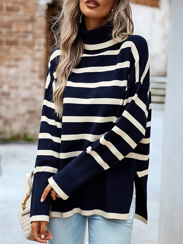 Long Sleeves Loose Contrast Color Split-Side Striped High Neck Pullovers Sweater Tops