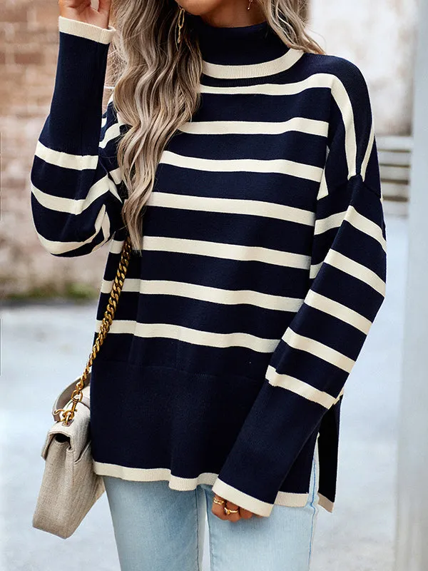 Long Sleeves Loose Contrast Color Split-Side Striped High Neck Pullovers Sweater Tops