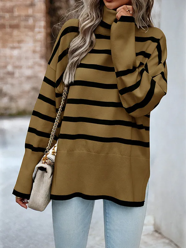 Long Sleeves Loose Contrast Color Split-Side Striped High Neck Pullovers Sweater Tops