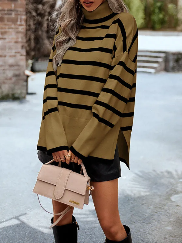 Long Sleeves Loose Contrast Color Split-Side Striped High Neck Pullovers Sweater Tops