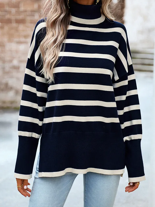 Long Sleeves Loose Contrast Color Split-Side Striped High Neck Pullovers Sweater Tops