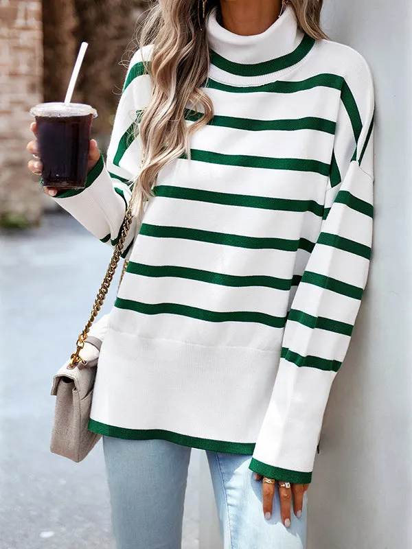 Long Sleeves Loose Contrast Color Split-Side Striped High Neck Pullovers Sweater Tops