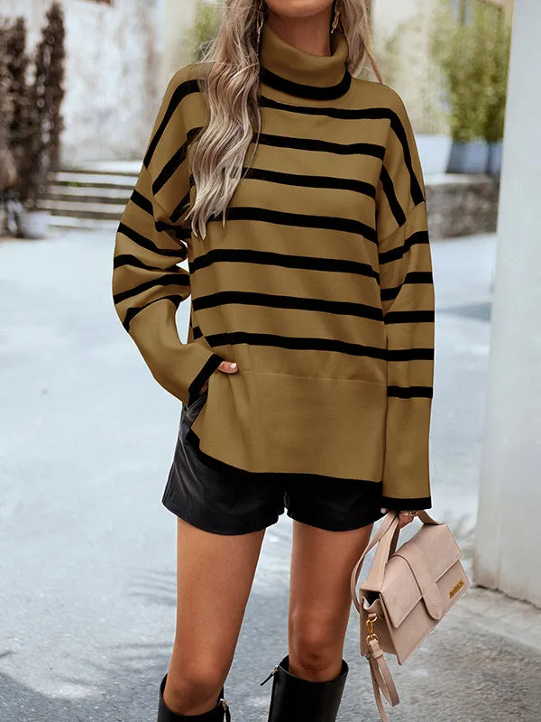 Long Sleeves Loose Contrast Color Split-Side Striped High Neck Pullovers Sweater Tops