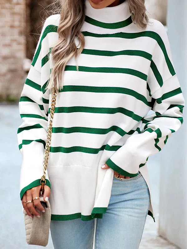 Long Sleeves Loose Contrast Color Split-Side Striped High Neck Pullovers Sweater Tops