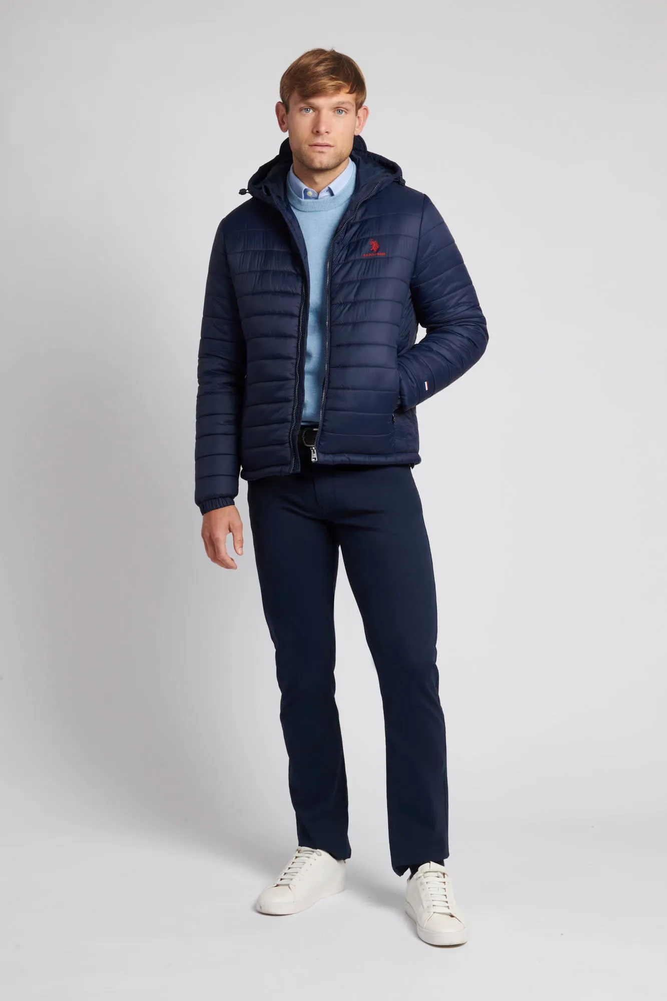 Mens Hooded Quilted Coat in Navy Blazer / Haute Red