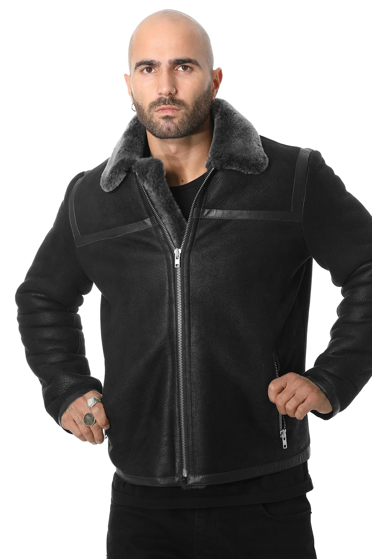 Men's Leather Banded Sheepskin Casual Jacket, Washed Black with Brissa Wool