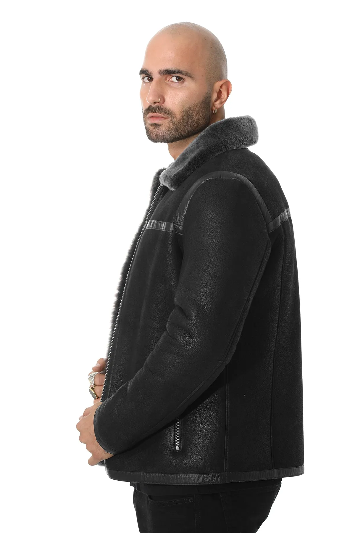 Men's Leather Banded Sheepskin Casual Jacket, Washed Black with Brissa Wool