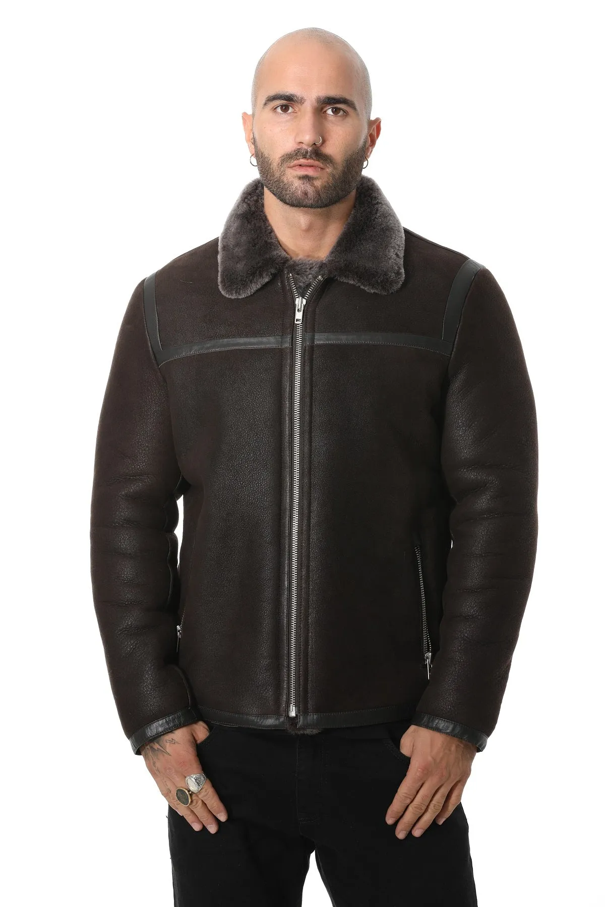 Men's Leather Banded Sheepskin Casual Jacket, Washed Black with Brissa Wool