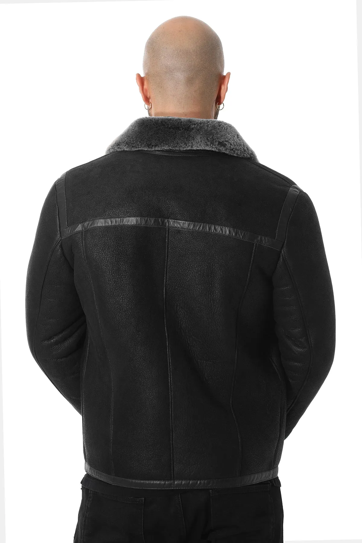 Men's Leather Banded Sheepskin Casual Jacket, Washed Black with Brissa Wool