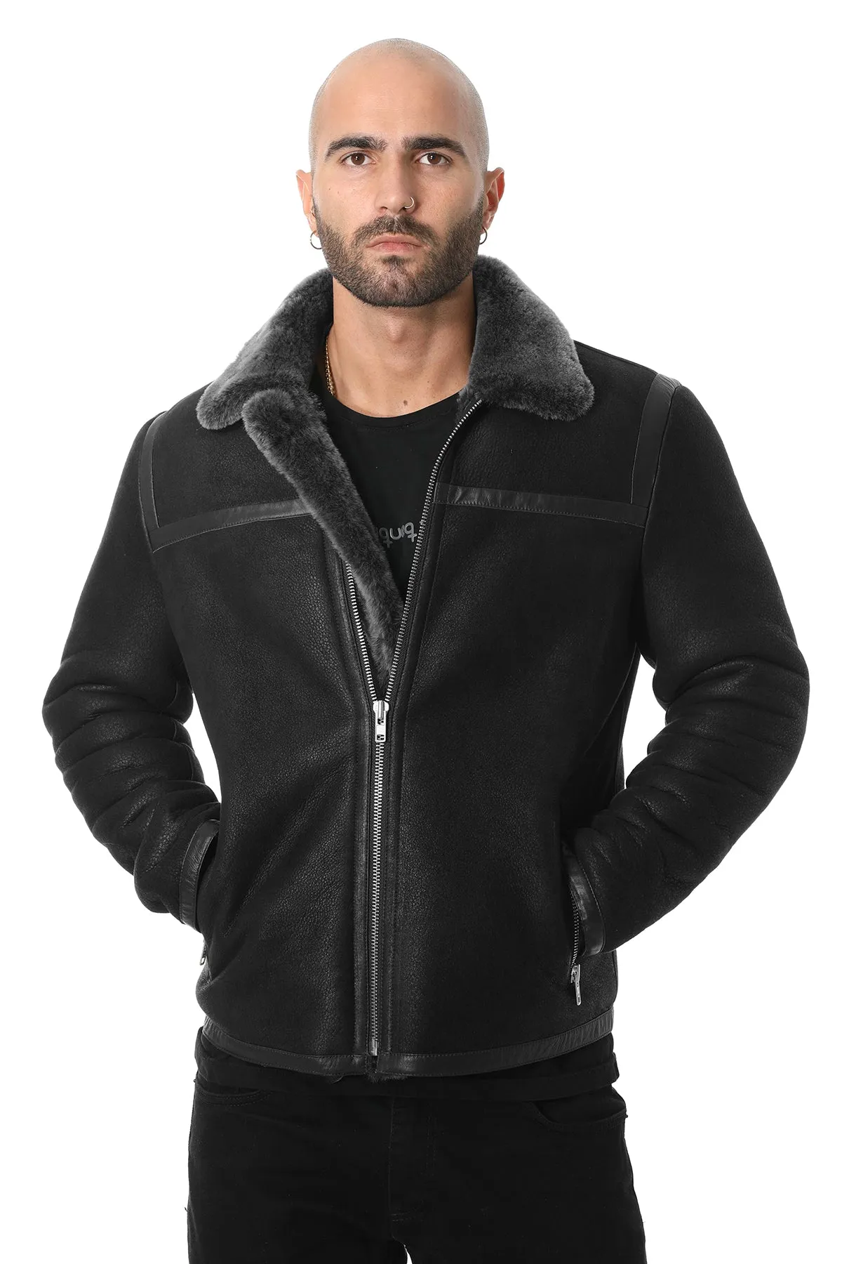 Men's Leather Banded Sheepskin Casual Jacket, Washed Black with Brissa Wool