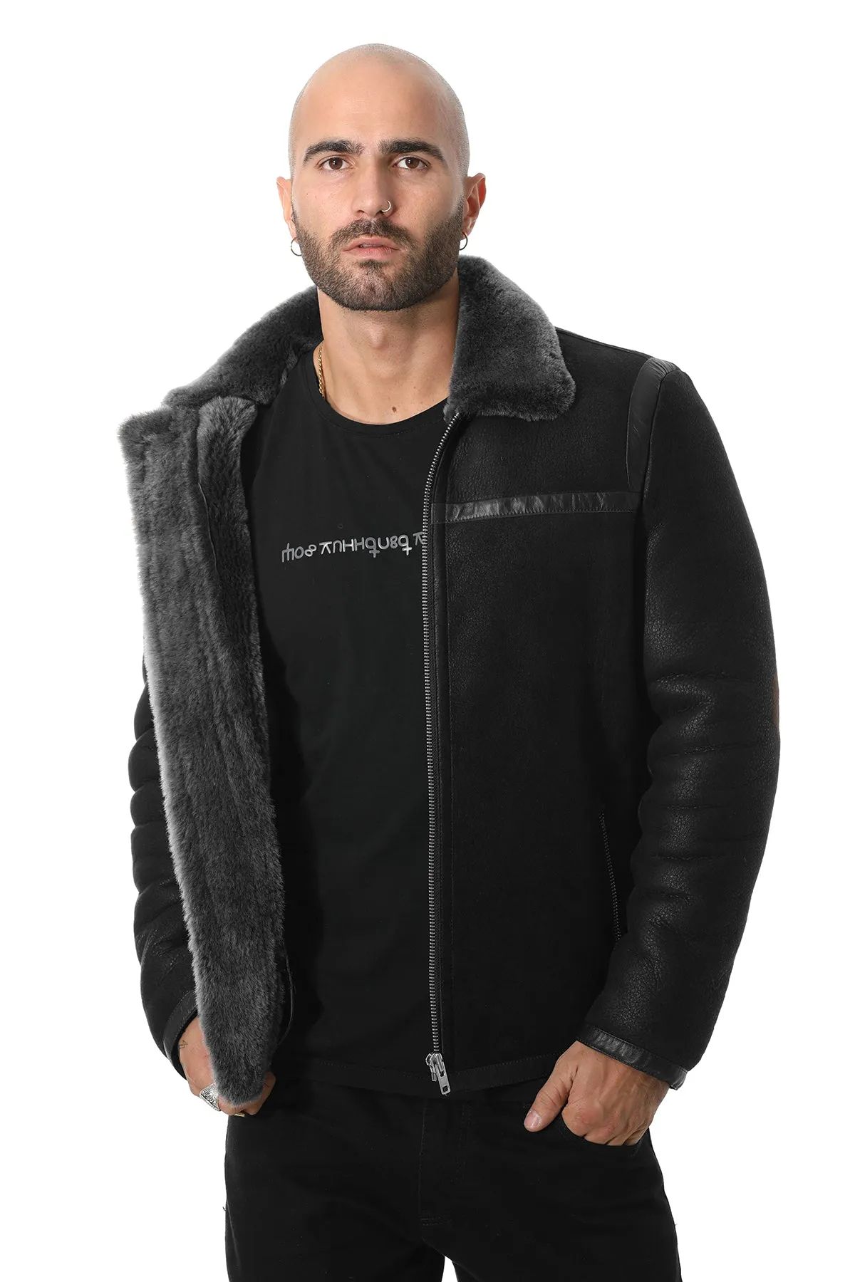 Men's Leather Banded Sheepskin Casual Jacket, Washed Black with Brissa Wool