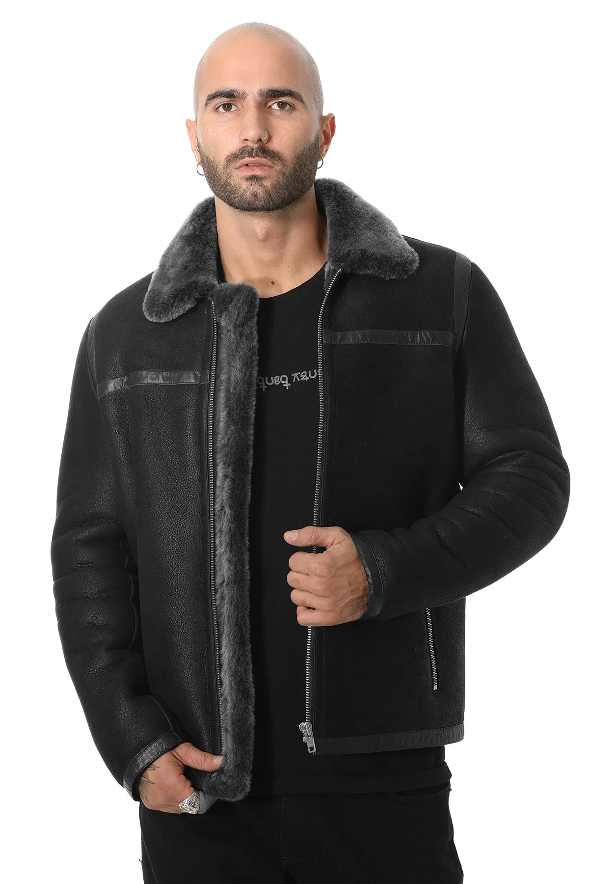 Men's Leather Banded Sheepskin Casual Jacket, Washed Black with Brissa Wool