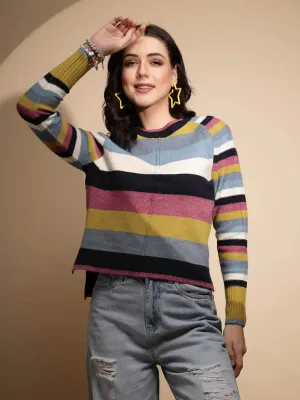 Multicolor Striped Full Sleeve Knitted Casual Pullover