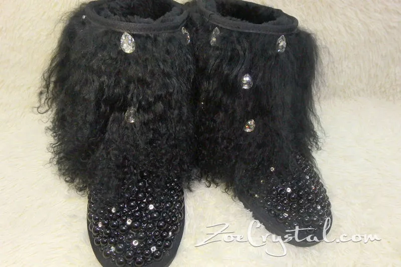 New Color**PROMOTION: WINTER Bling and Sparkly Black Curly Fur SheepSkin Wool Boots w Pearls and Big STONES