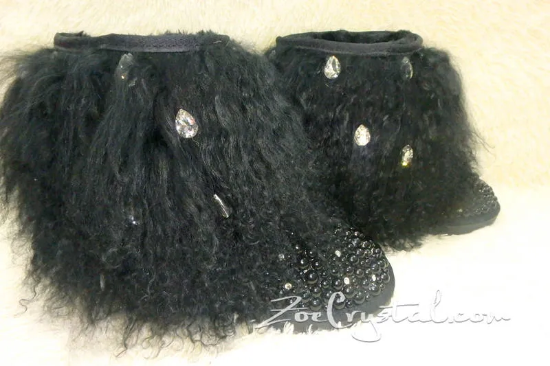 New Color**PROMOTION: WINTER Bling and Sparkly Black Curly Fur SheepSkin Wool Boots w Pearls and Big STONES