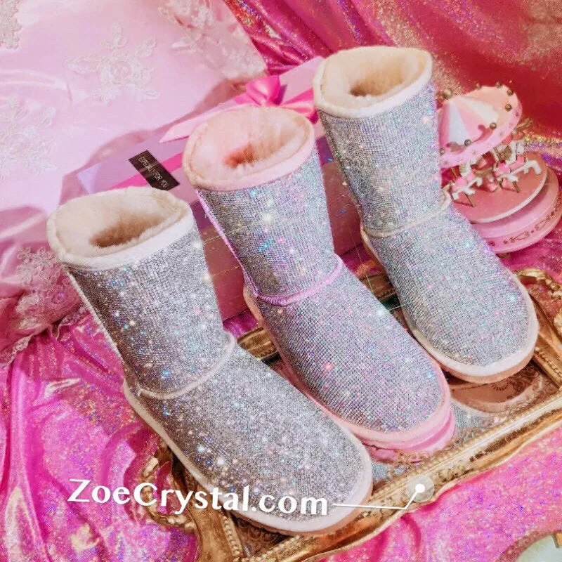 New**Super Bling and Sparkly middle high SheepSkin Wool BOOTS w shinning Czech crystals