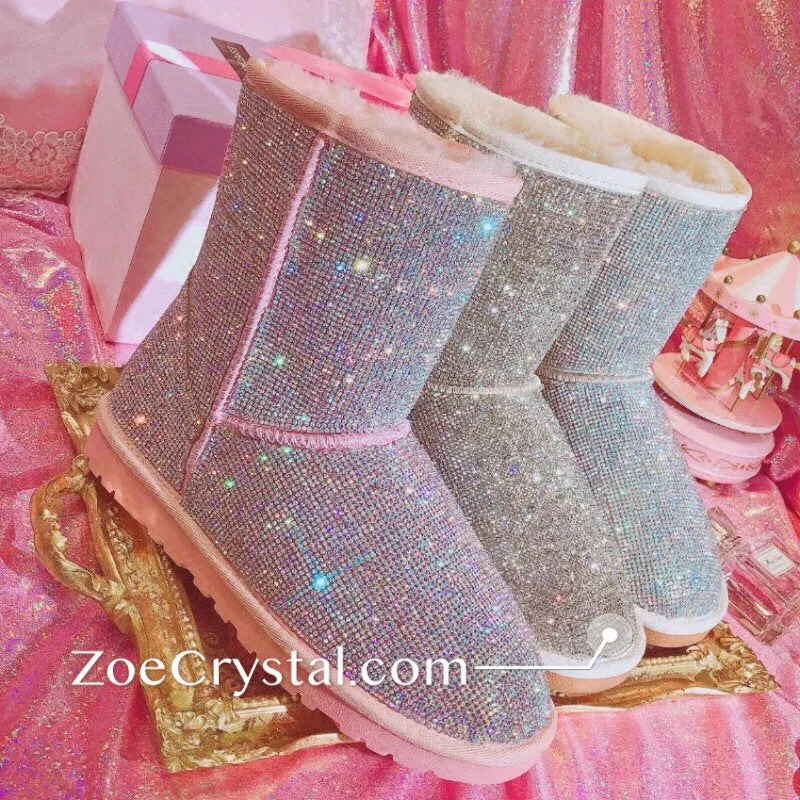 New**Super Bling and Sparkly middle high SheepSkin Wool BOOTS w shinning Czech crystals