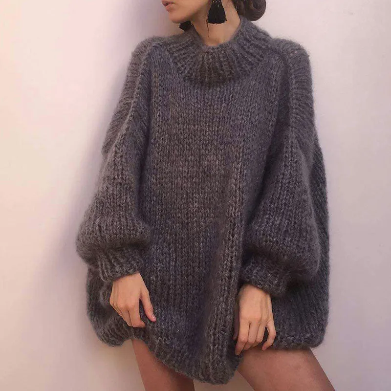 Oversized High Neck Drop Shoulder Handmade Chunky Knit Sweater