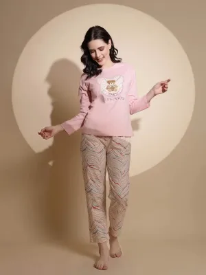 Pink Hosiery Round Neck Printed Top & Pyjama Night Suit Set